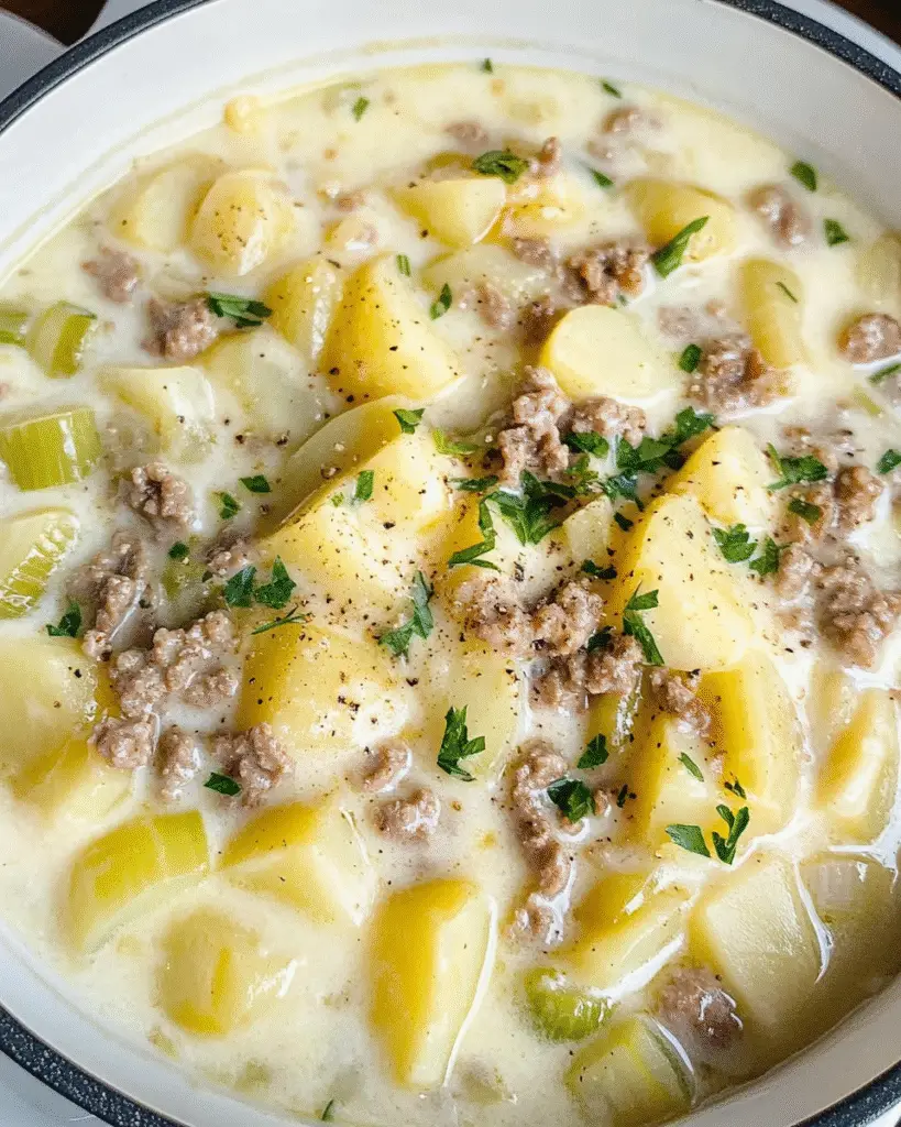 Cremige Käse-Lauch-Kartoffelsuppe in einer weißen Schüssel serviert, garniert mit frischen Kräutern, daneben eine Scheibe Bauernbrot – ein herzhaftes deutsches Gericht