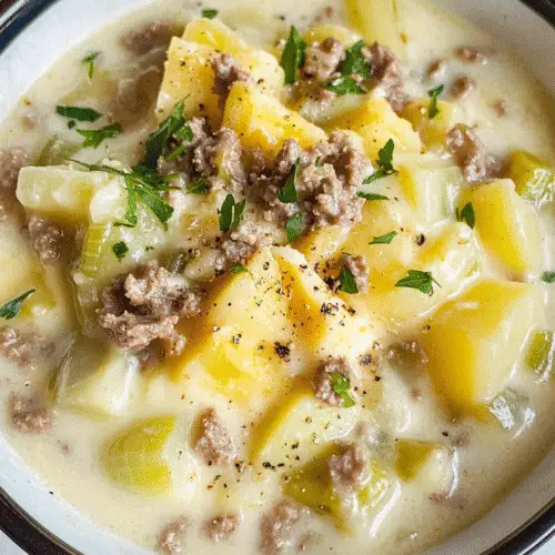 Cremige Käse-Lauch-Kartoffelsuppe in einer weißen Schüssel serviert, garniert mit frischen Kräutern, daneben eine Scheibe Bauernbrot – ein herzhaftes deutsches Gericht