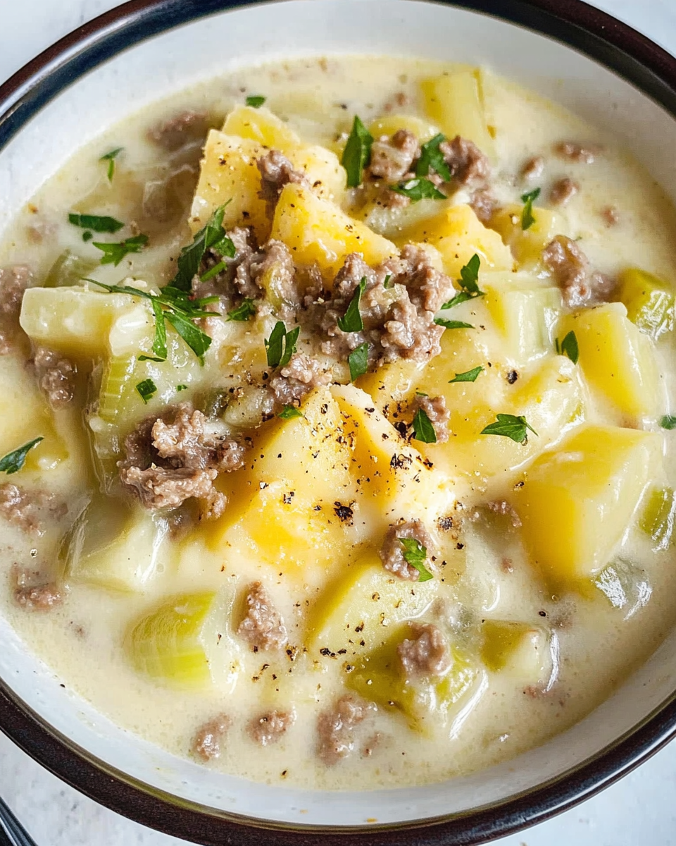 Cremige Käse-Lauch-Kartoffelsuppe in einer weißen Schüssel serviert, garniert mit frischen Kräutern, daneben eine Scheibe Bauernbrot – ein herzhaftes deutsches Gericht