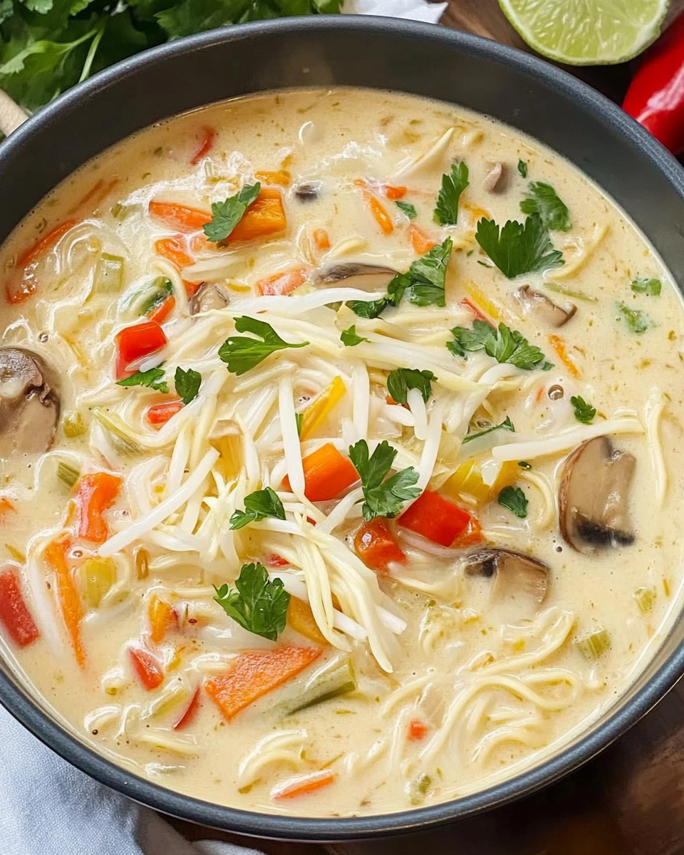 Vegane Kokos-Reisnudelsuppe genießen
