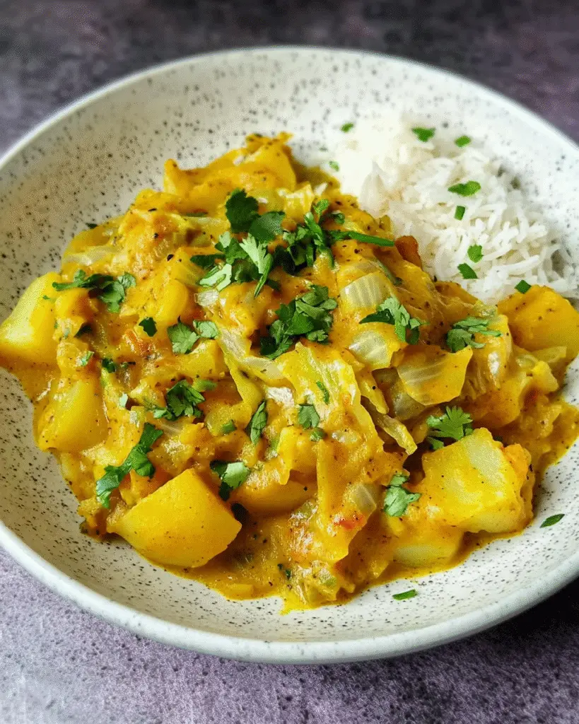 Cremiges Weißkohl-Curry mit Kartoffeln, serviert in einer weißen Schüssel, garniert mit frischem Koriander. Das vegane Gericht enthält Kartoffelwürfel, Weißkohlstreifen und Tomaten in einer würzigen Currysoße.