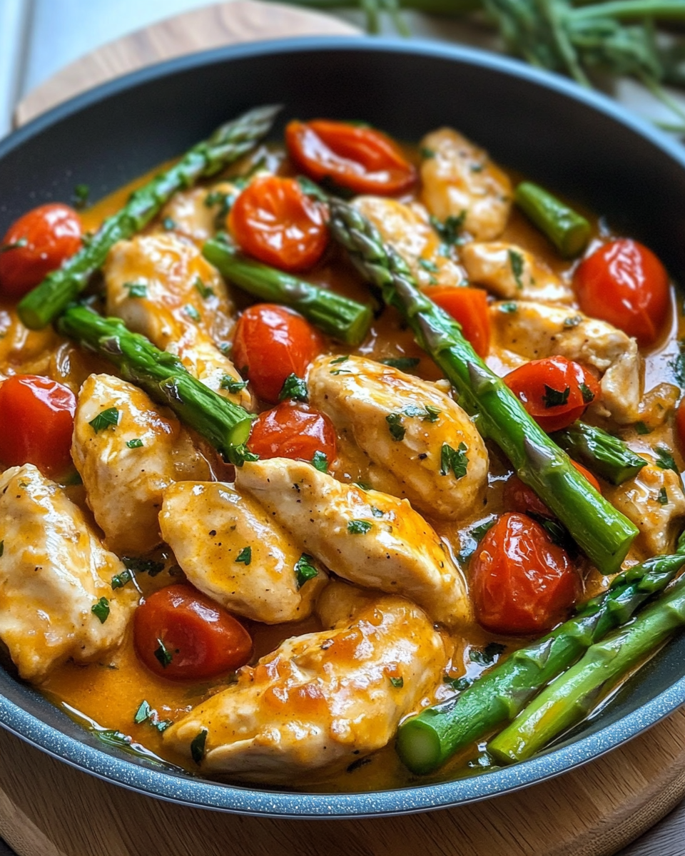 Hähnchenpfanne mit Spargel und Tomaten