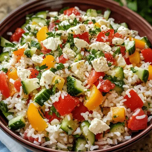 Frischer Reissalat mit Feta und Sommergemüse