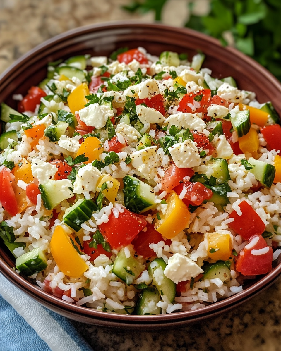 Frischer Reissalat mit Feta und Sommergemüse