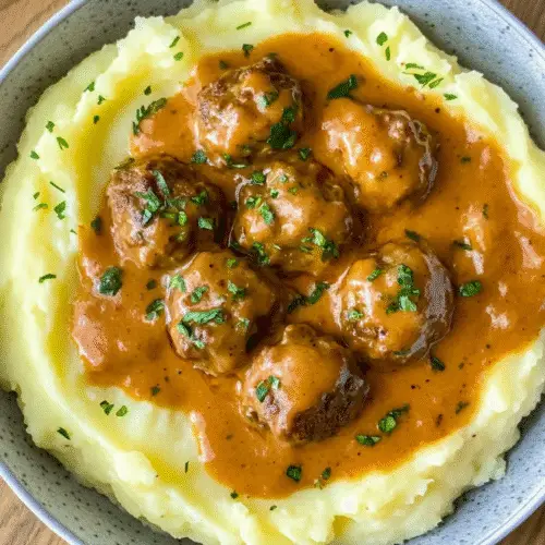 Saftige Hackbällchen in cremiger Sauce mit fluffigem Kartoffelpüree