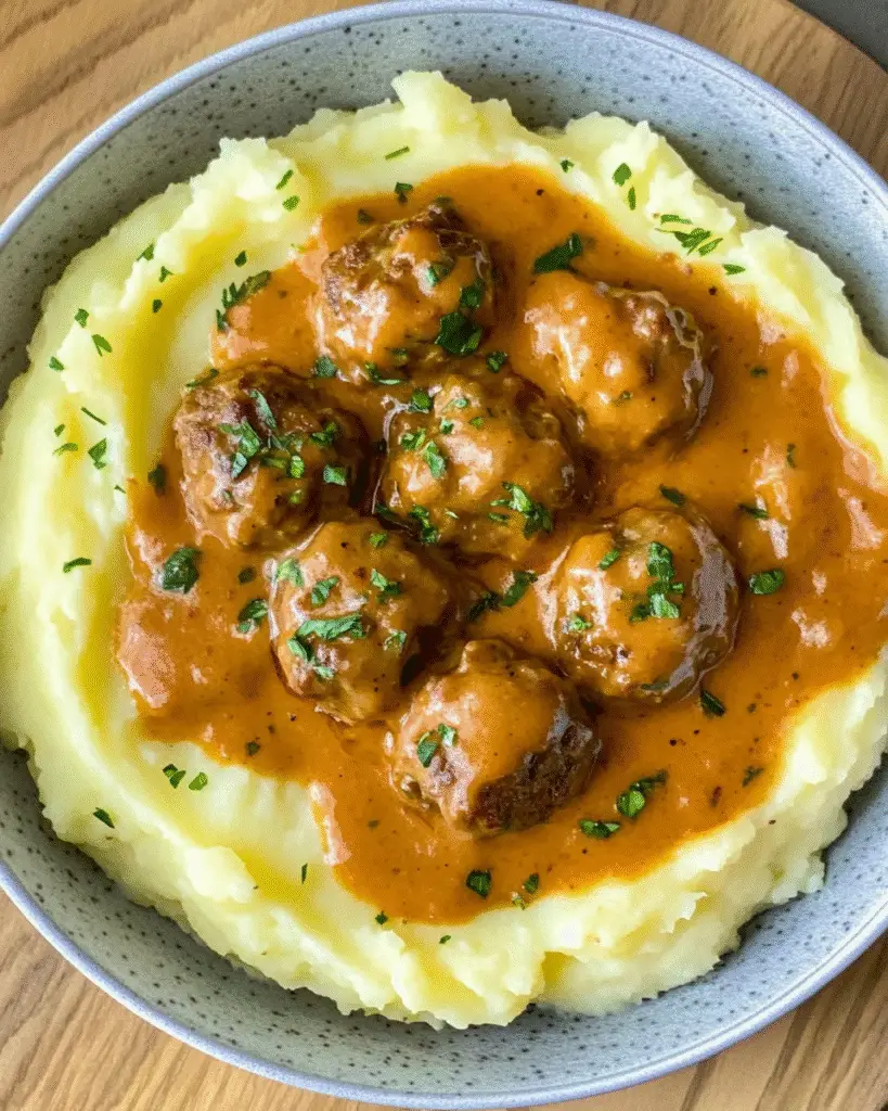 Saftige Hackbällchen in cremiger Sauce mit fluffigem Kartoffelpüree