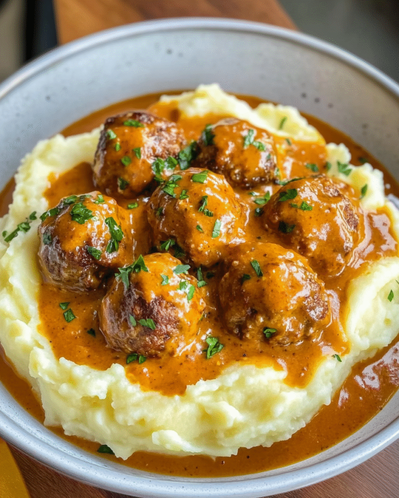 Saftige Hackbällchen in cremiger Sauce mit Kartoffelpüree Saftige Hackbällchen in cremiger Sauce mit Kartoffelpüree