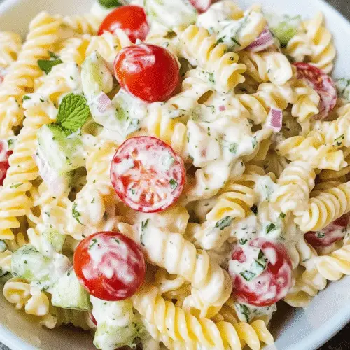 Cremiger Tzatziki-Nudelsalat mit Gurke, Tomaten und Joghurt auf weißem Teller