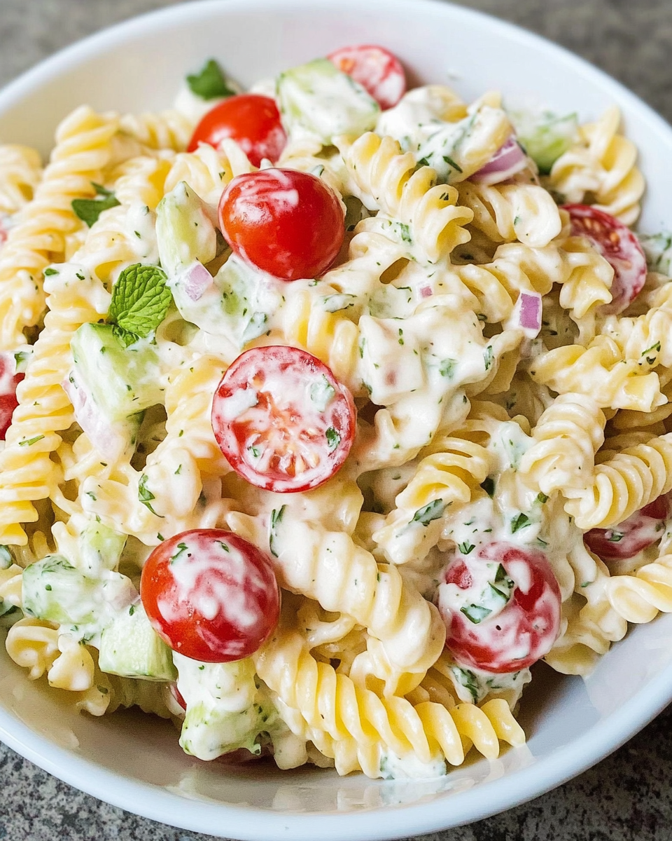 Cremiger Tzatziki-Nudelsalat mit Gurke, Tomaten und Joghurt auf weißem Teller