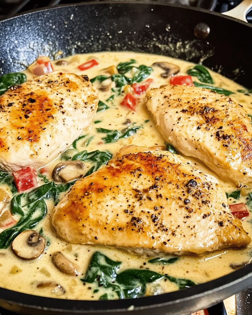 Cremiges Hühnchen Florentine – Sommerliches Soulfood mit Spinat und Paprika