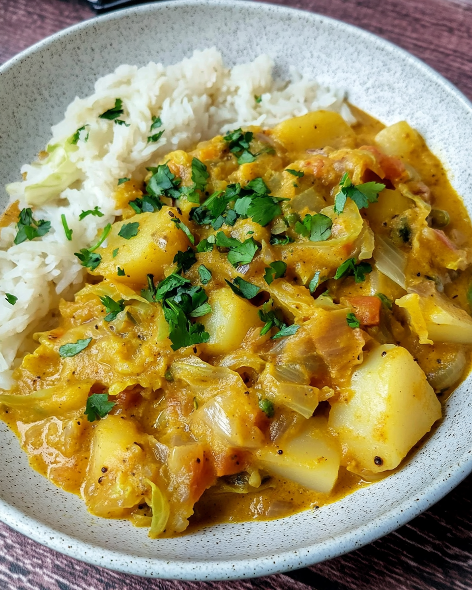 Cremiges Weißkohl-Curry mit Kartoffeln, serviert in einer weißen Schüssel, garniert mit frischem Koriander. Das vegane Gericht enthält Kartoffelwürfel, Weißkohlstreifen und Tomaten in einer würzigen Currysoße.