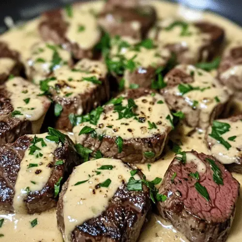 Zarte Steakstücke in Knoblauchrahmsoße