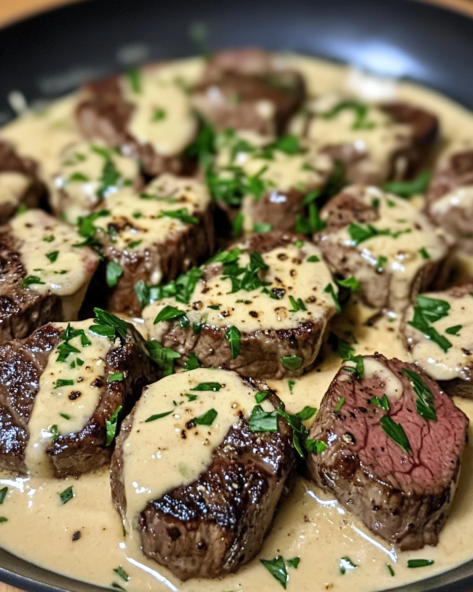 Zarte Steakstücke in Knoblauchrahmsoße
