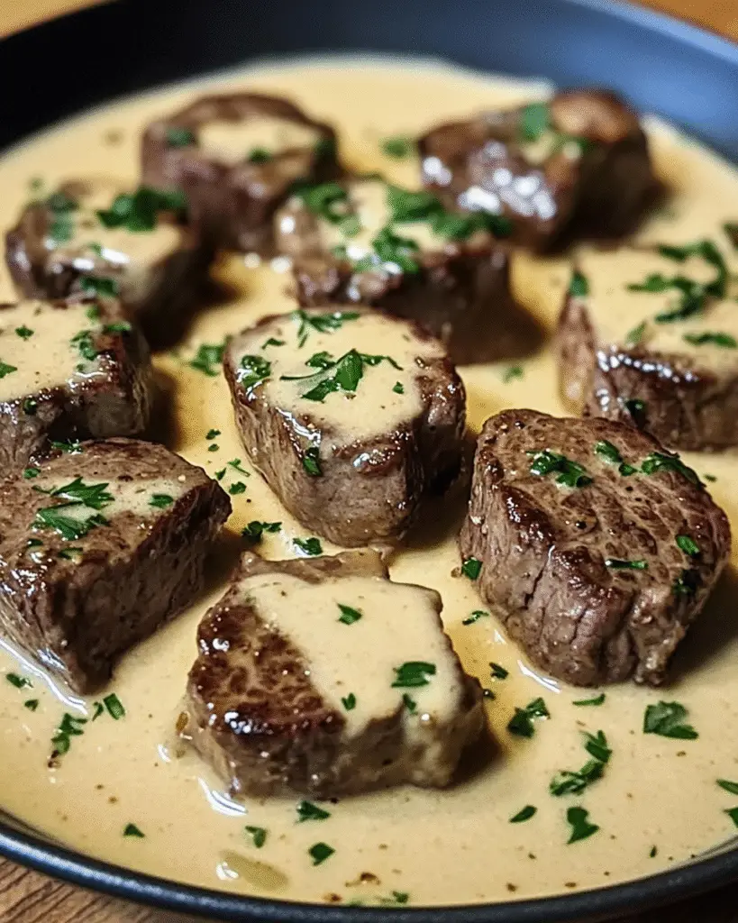 Zarte Steakstücke in Knoblauchrahmsoße