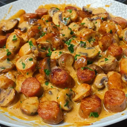 Cremiges Bratwurstgeschnetzeltes mit Pilzen
