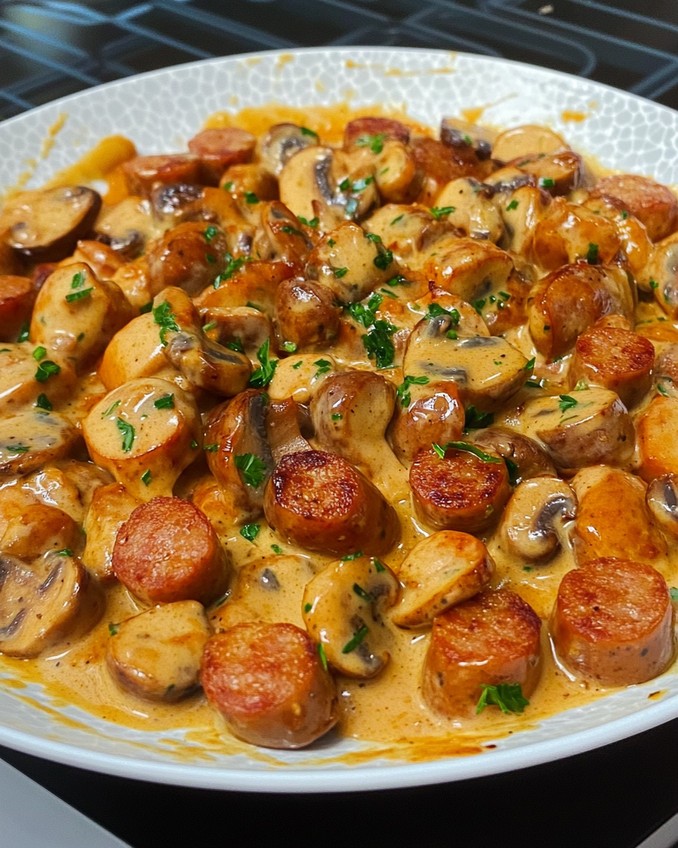 Cremiges Bratwurstgeschnetzeltes mit Pilzen