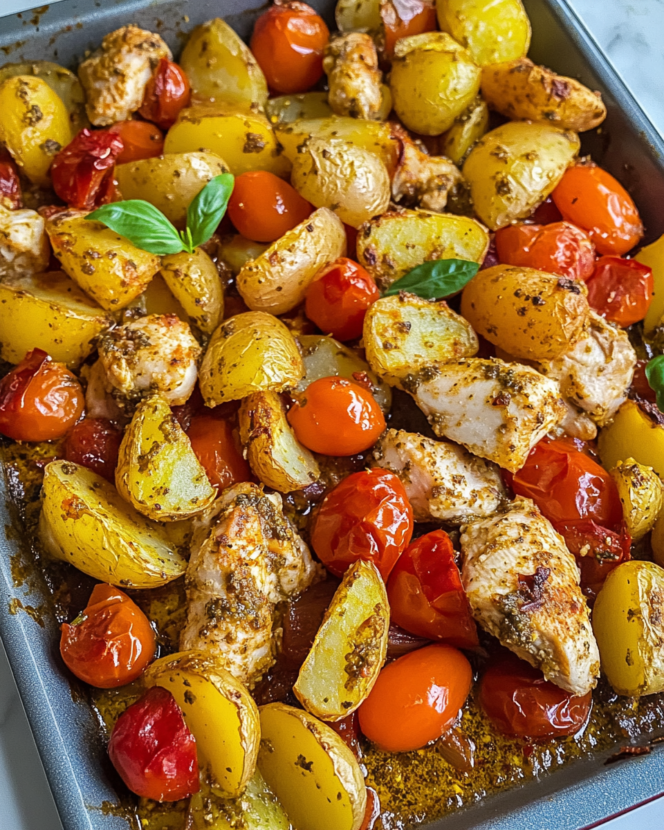 Pesto‑Hähnchen mit Ofengemüse