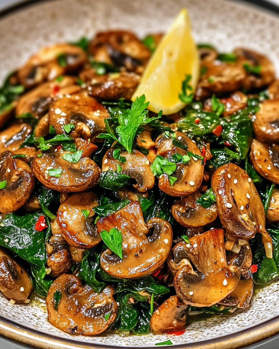 Geschmorte Champignons mit Spinat