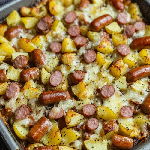 Knusprigen Würstchen‑Kartoffel‑Blech mit Käse
