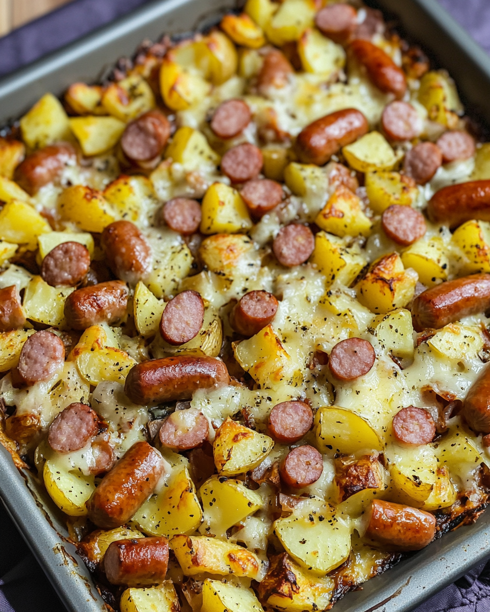 Knusprigen Würstchen‑Kartoffel‑Blech mit Käse