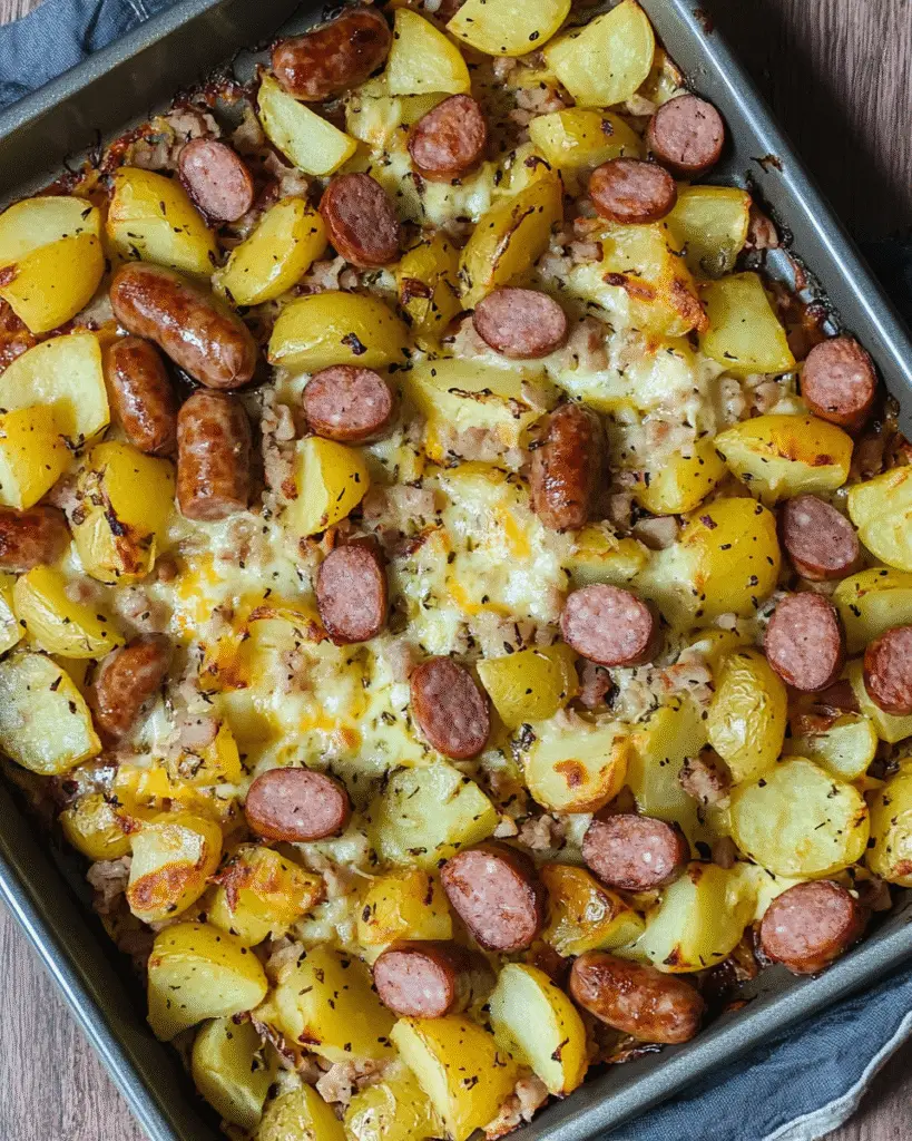 Knusprigen Würstchen‑Kartoffel‑Blech mit Käse