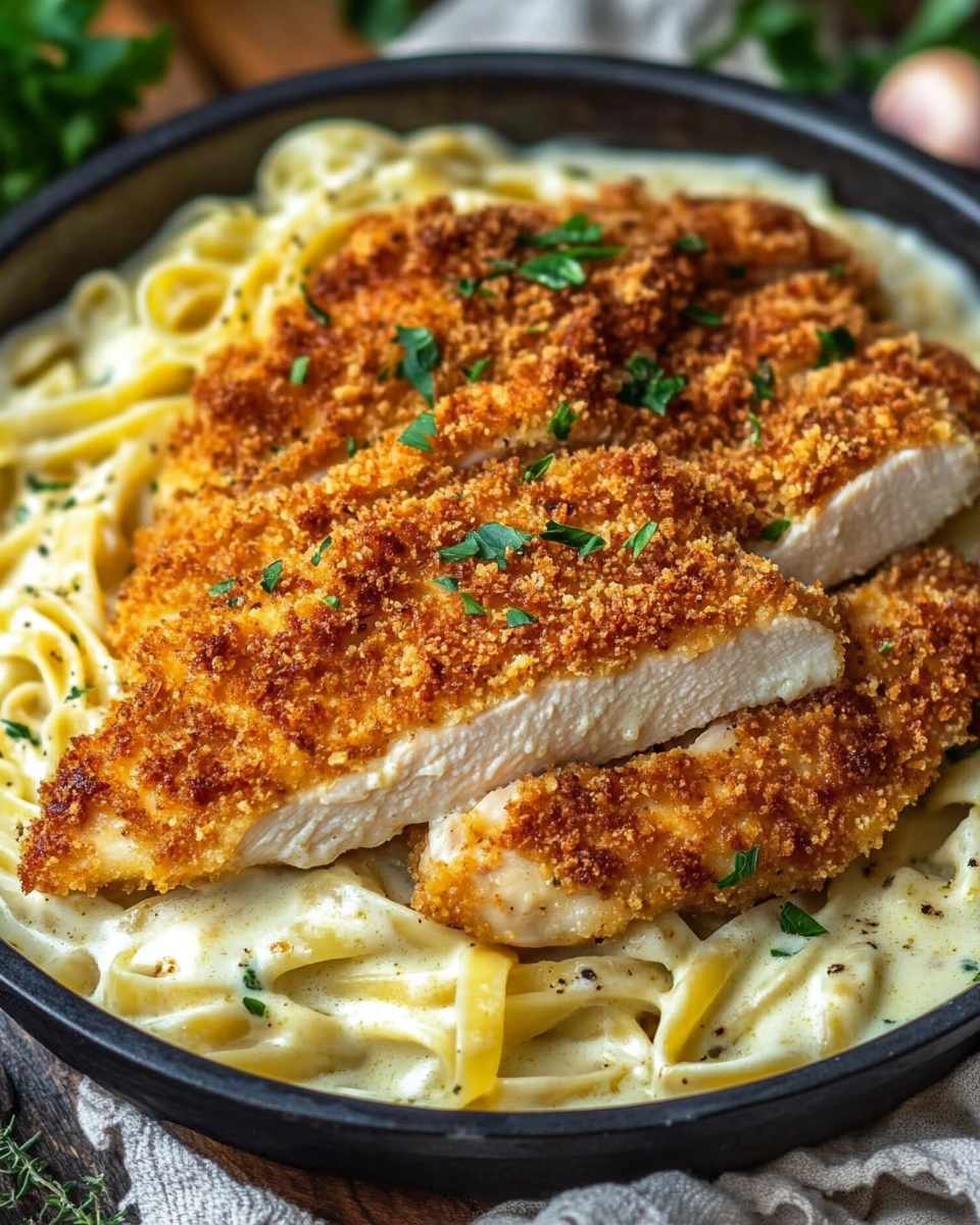 Cremige Parmesan-Pasta mit knusprigem Hähnchen