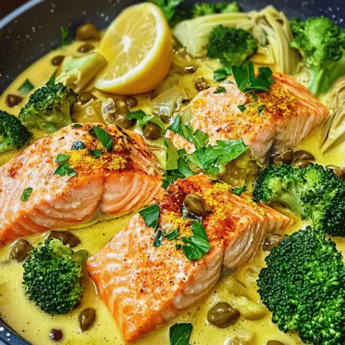 Goldene Lachs-Brokkoli-Pfanne mit Artischocken