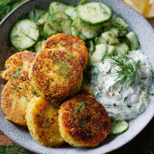 Knusprige Kartoffel-Couscous-Taler mit Dillgurkensalat