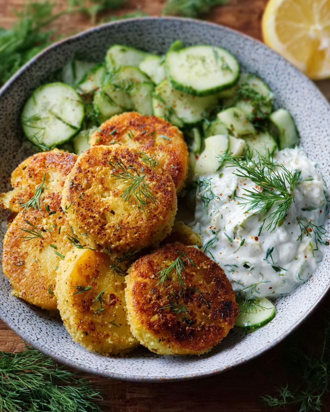 Knusprige Kartoffel-Couscous-Taler mit Dillgurkensalat