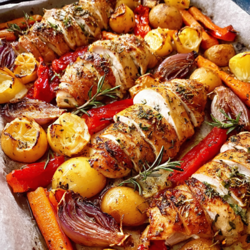 Saftiges Hasselback-Huhn mit Gemüse