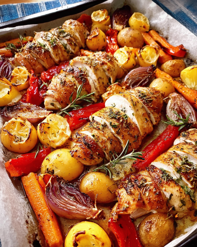 Saftiges Hasselback-Huhn mit Gemüse
