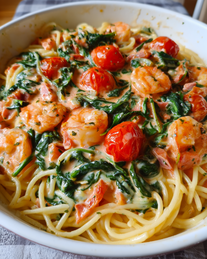 Nudeln mit Garnelen und Spinat in cremiger Tomaten-Sahne-Soße