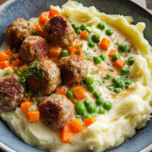 Cremiges Püree mit Hackbällchen