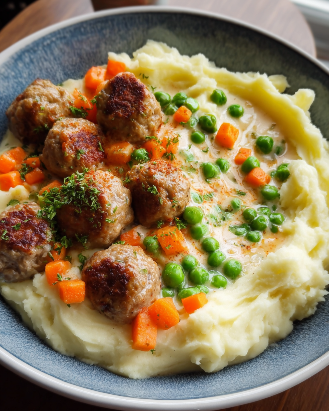 Cremiges Püree mit Hackbällchen