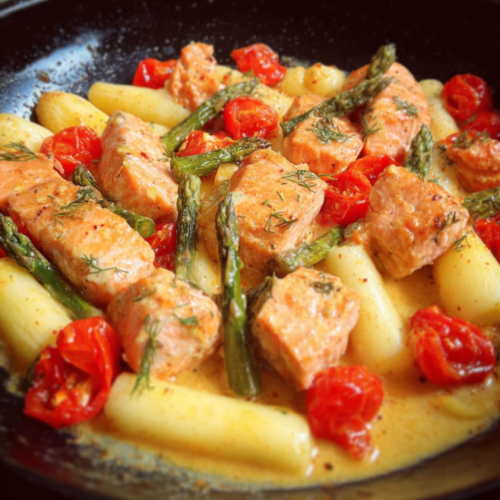 Lachs-Spargelpfanne mit Tomaten