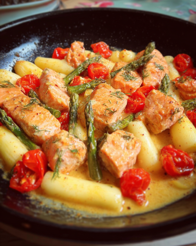 Lachs-Spargelpfanne mit Tomaten