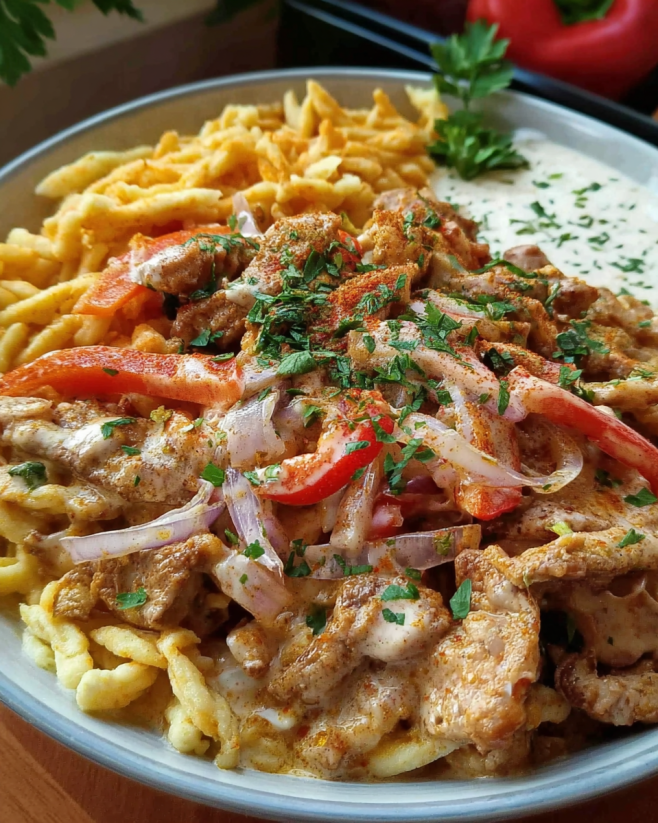 Würzige Gyros-Pfanne mit cremiger Soße
