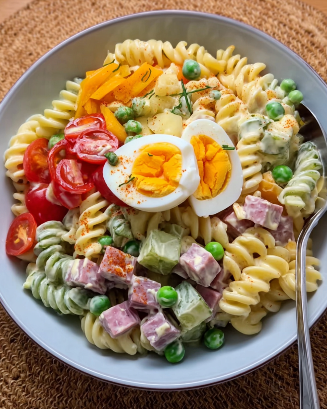 Bunter Fusilli-Leberkäse-Salat