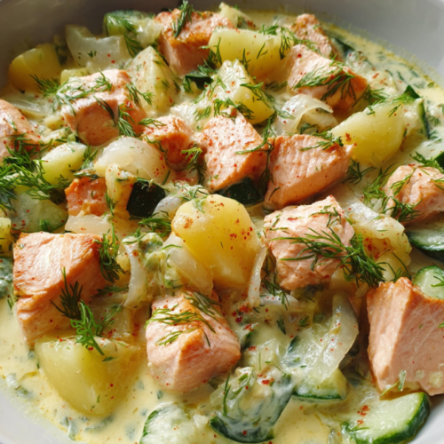 Schmorgurken-Lachs in Senf-Dill-Sauce