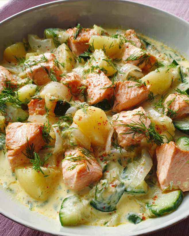 Schmorgurken-Lachs in Senf-Dill-Sauce