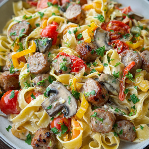 Cremige Bratwurst-Nudelpfanne mit Gemüse