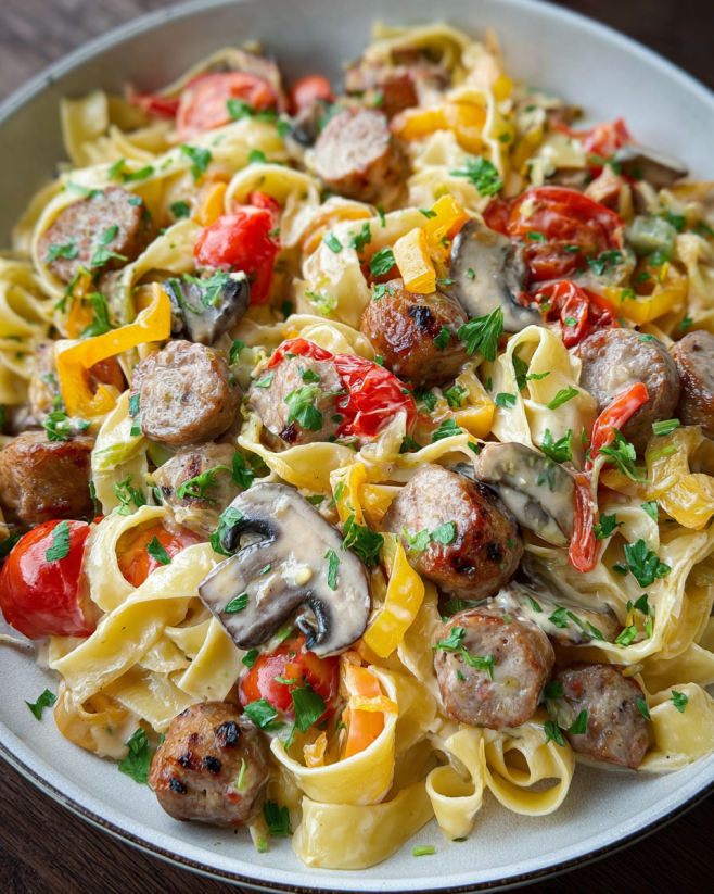 Cremige Bratwurst-Nudelpfanne mit Gemüse