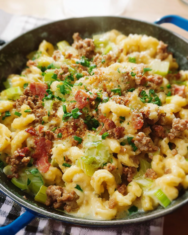 Deftige Käse-Lauch-Hackpfanne mit Spätzle