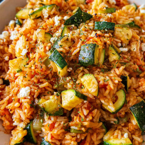 Mediterrane Zucchini-Reis-Pfanne mit Feta