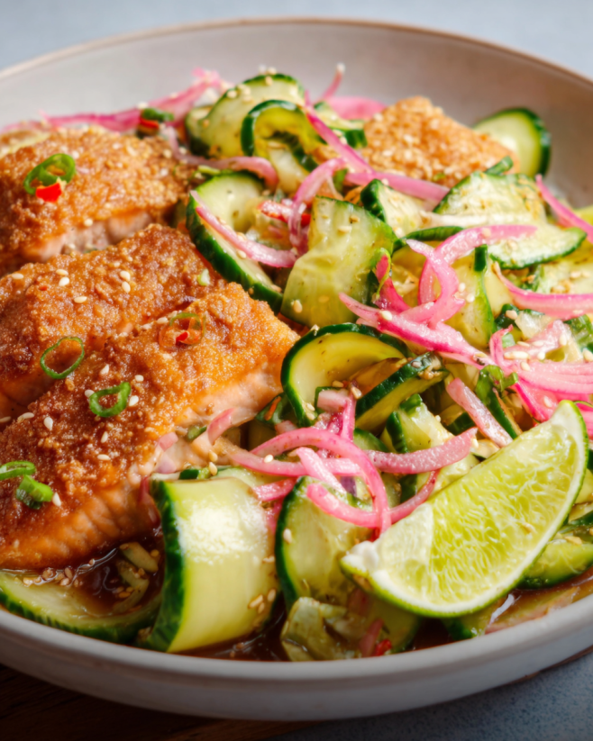 Knuspriger Sesam-Lachs mit Gurkensalat
