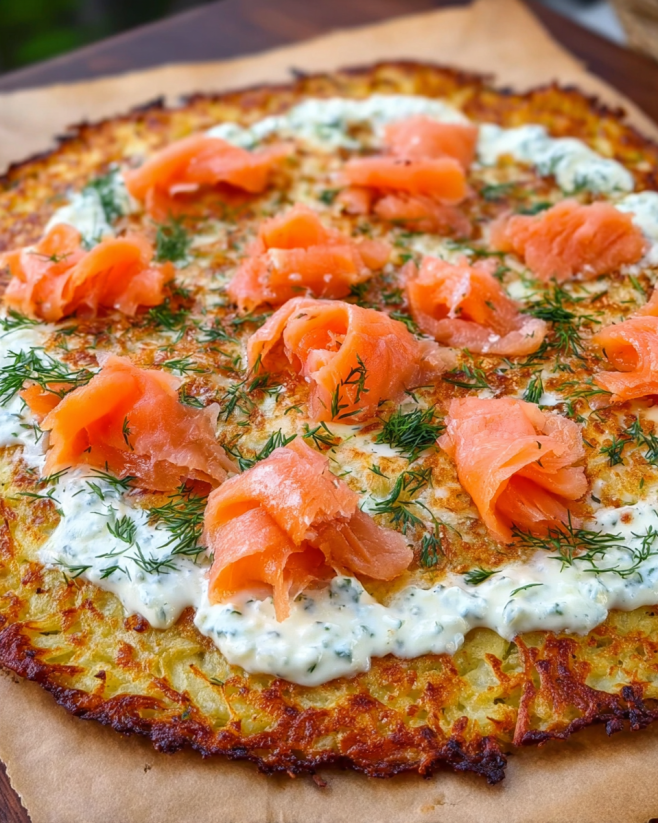 Knusprige Kartoffelpizza mit Räucherlachs