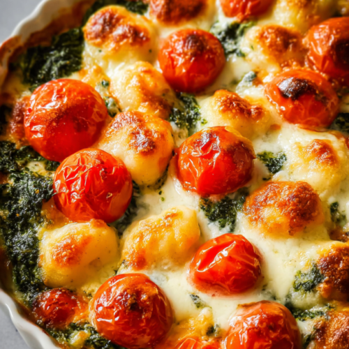 Knödelauflauf mit Spinat und Tomaten