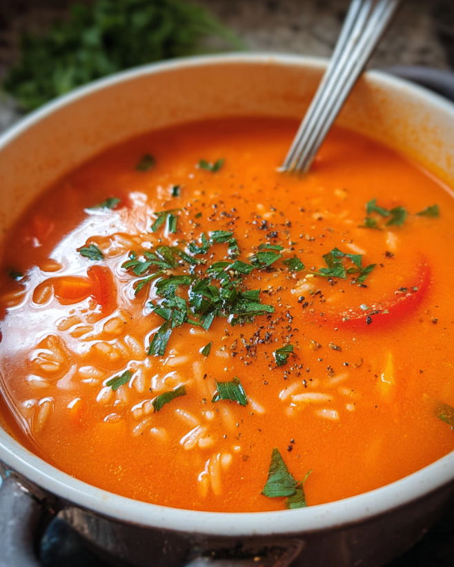 Cremige Tomatensuppe mit Reis