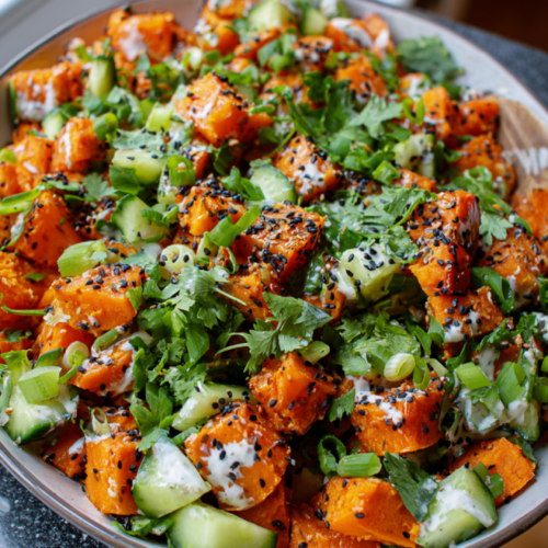 Knuspriger Süßkartoffel-Gurkensalat