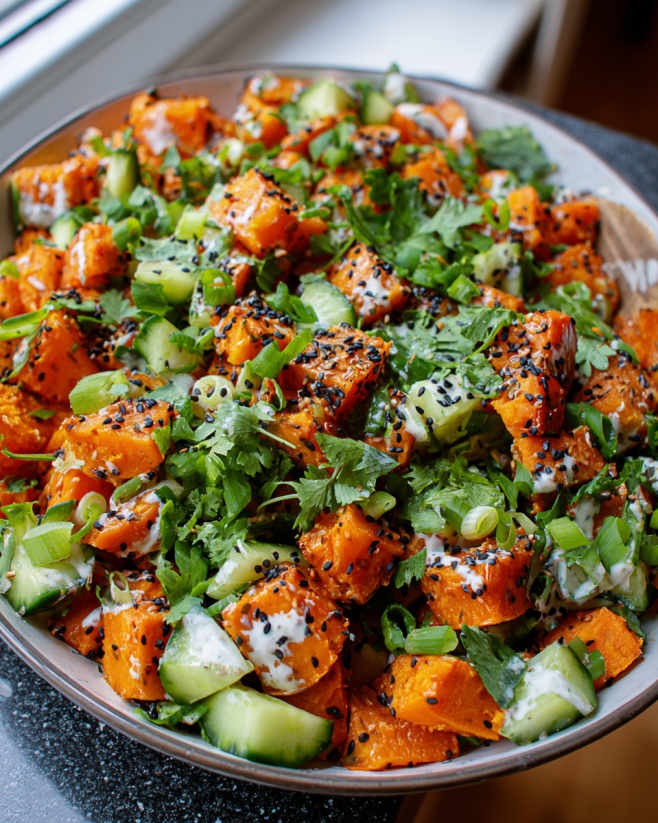 Knuspriger Süßkartoffel-Gurkensalat